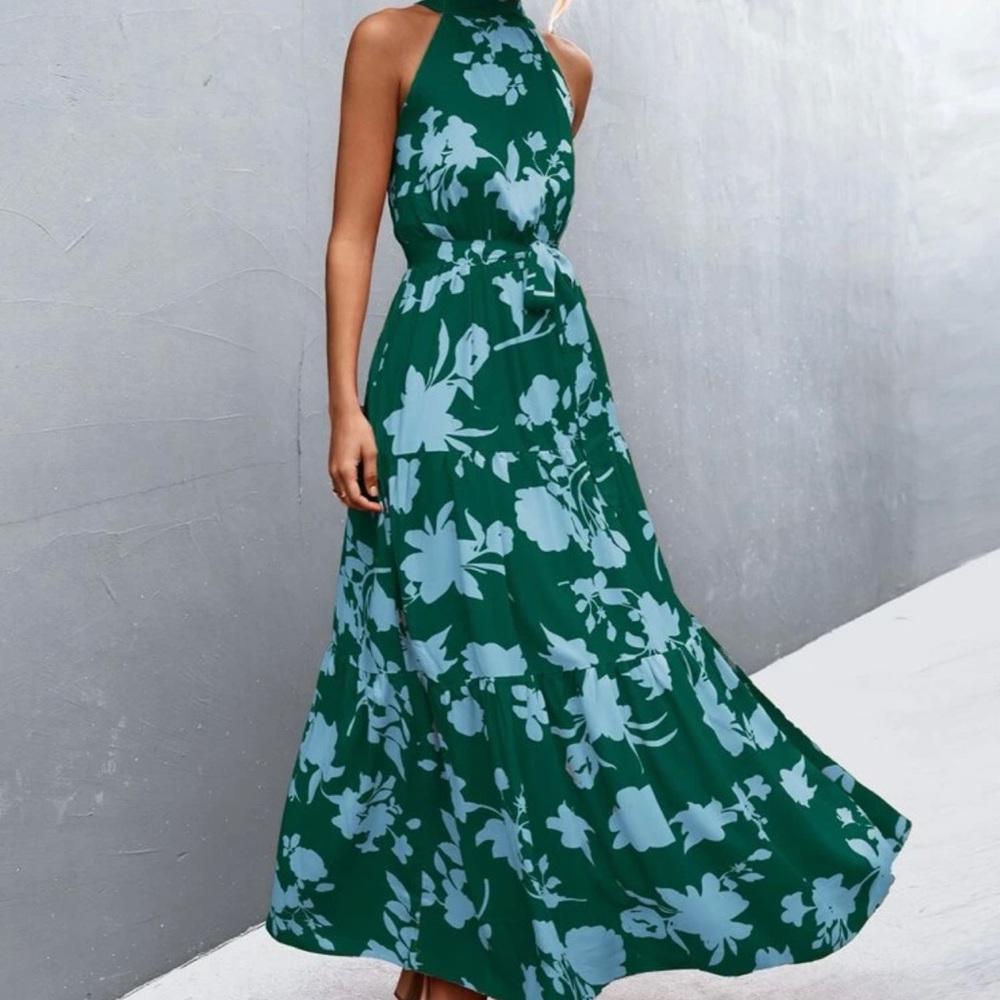 SHEIN Green and White Floral Maxi Dress